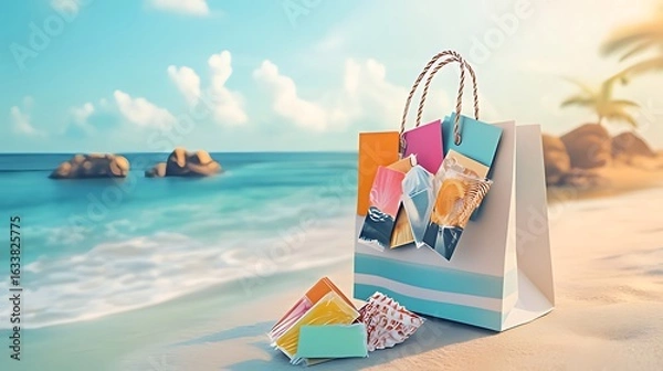 Fototapeta Abstract background with a shopping bag full of colorful photo cards on the beach, a banner for advertising or promotional design template