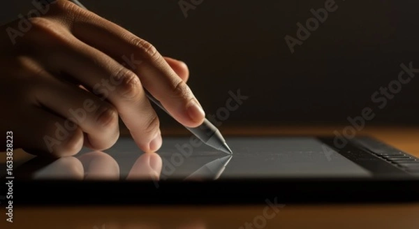 Obraz Closeup of a hand using a stylus pen to interact with a digital tablet touchscreen