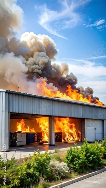 Obraz Blazing warehouse ablaze under dramatic sky