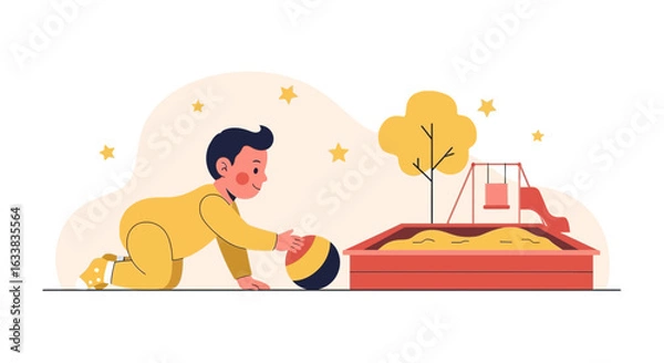 Fototapeta Cheerful Kid Playing With A Ball Near A Sandbox Full Of Sand