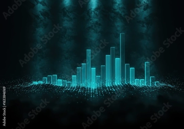 Fototapeta Abstract futuristic digital cityscape with glowing blue neon lights and particles on dark background