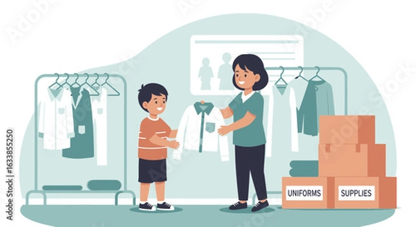 Fototapeta Back To School Uniform Shopping Illustration With Mother And Son