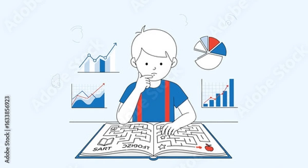 Fototapeta Boy Reads Strategy Book And Analyzes Data For Business Development