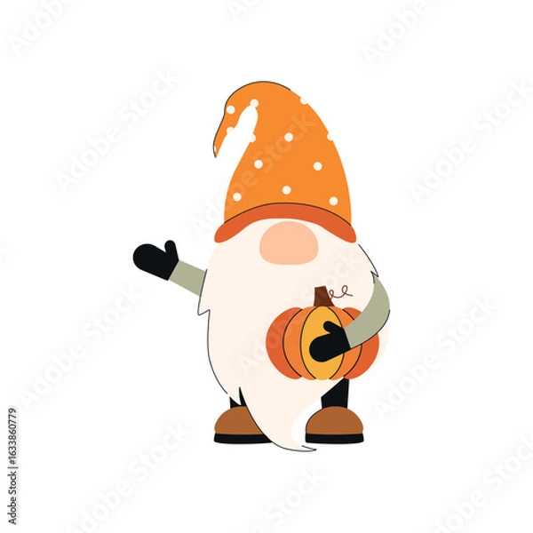 Fototapeta Cute autumn gnome holding a pumpkin in hand-drawn style. Cozy fall character design perfect for seasonal decor, greeting cards, and stickers. Warm and charming flat-style illustration for Hello Autumn