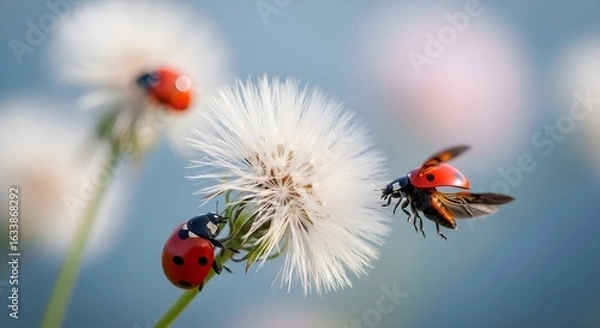 Obraz Soft Dreamy Macro Photograph of White Dandelion Flower with Two Vibrant Red Ladybugs Against Pastel Bokeh Background