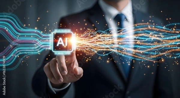 Fototapeta Businessman Touching Holographic AI Microchip with Flowing Data Streams in Futuristic Concept