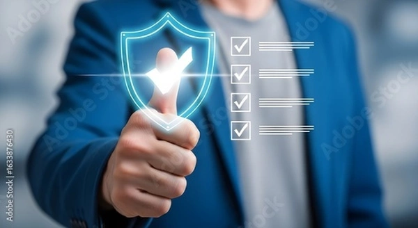 Obraz Futuristic Approval Gesture Featuring Thumb Up with Illuminated Shield and Checklist in Blue Blazer Background

