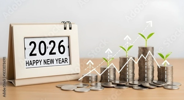 Obraz 2026 New Year Calendar with Coin Stacks and Growing Green Sprouts for Financial Growth

