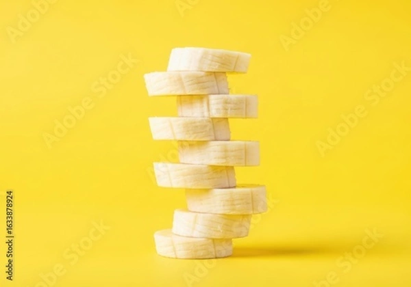 Obraz Photo of stack of banana slices isolated on yellow background, close up