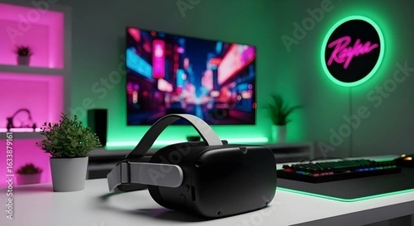 Obraz Black VR Goggles with White Strap on White Desk in Modern Gaming Setup Featuring Neon-Lit Cityscape on TV and Colorful LED Lighting