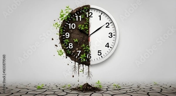 Obraz Surreal Round Wall Clock Half Traditional and Half Decaying with Soil and Green Plants Symbolizing Time and Nature