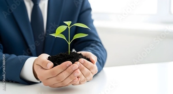 Obraz Businessman in Suit Holding Green Seedling with Soil in Hands, Symbolizing Growth and New Beginnings

