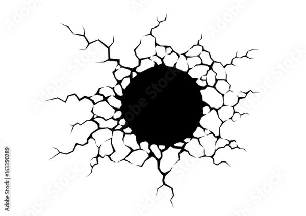 Obraz Cracks hole in the white wall. Spark or damage on white background. Texture design in grunge style. 