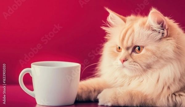 Fototapeta Fluffy cat resting beside a white cup on a vibrant background