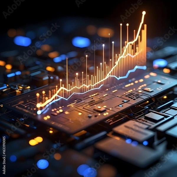 Obraz Glowing financial chart rising over electronic circuit board technology finance