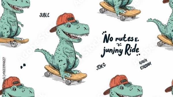Fototapeta Playful illustration of a skateboarding dinosaur with a cap on a white background