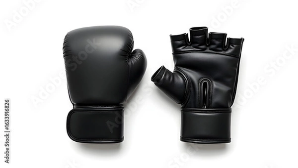 Fototapeta Sport Equipment A single black MMA glove with open fingers and padded knuckles isolated on white background with top view for branding and product catalog use
