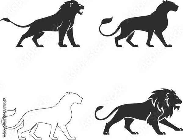 Fototapeta A black vector icon collection of running wild animals, including a horse, cat, dog, and tiger, as silhouettes in nature