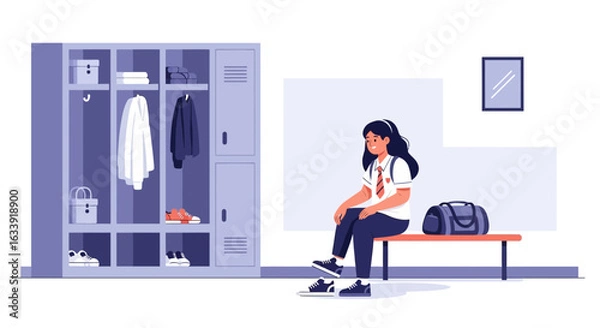 Fototapeta Student Resting On A Bench In The School Hallway Near Lockers