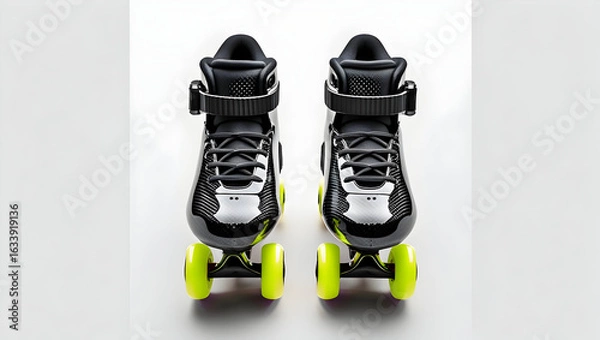 Fototapeta Sport Equipment Inline skates with black carbon shell and neon wheels shown in top-down view on white background(2)