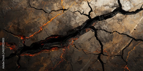 Fototapeta Cracked lava rock terrain background with glowing magma fissures.