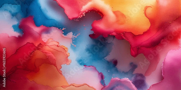 Fototapeta Vibrant Abstract Watercolor Ink Background in Red Blue and Orange Tones.