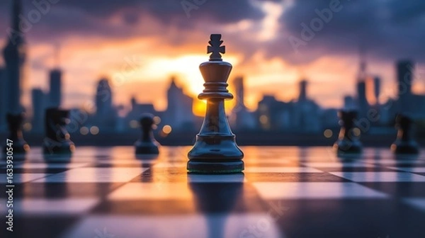 Fototapeta A Chess pieces on a board with a focused king piece, set against a dramatic city skyline backdrop