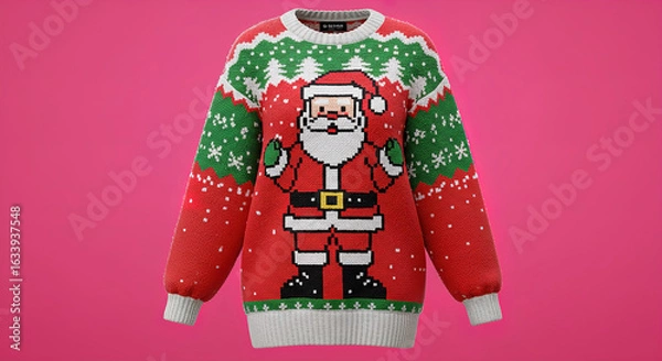 Fototapeta Colorful Christmas sweater featuring Santa Claus with festive patterns and bright colors