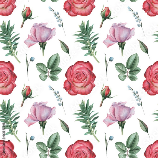 Obraz Seamless watercolor pattern with flowers and leaves, isolated on white background