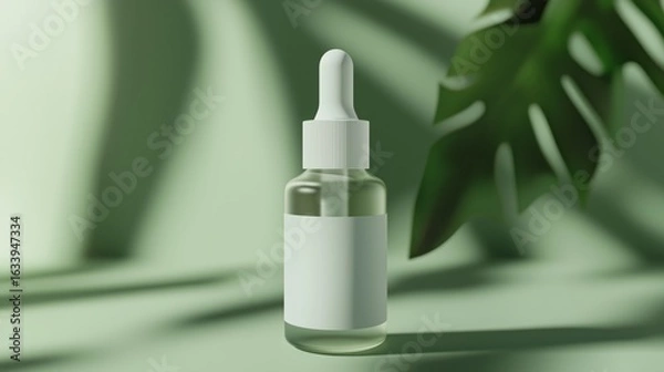 Fototapeta  matte white glass cosmetic serum 30 ml bottle with white clear paper label in the centre of the bottle used for a mockup, white dropper, ultra high contrast lighting, soft green background