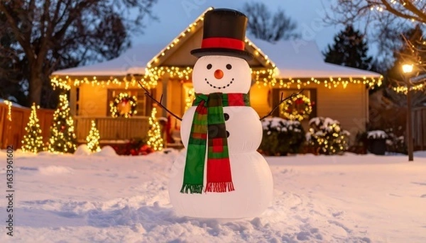 Obraz Festive snowman in snowy yard at night (1)