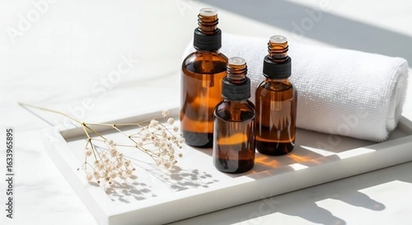 Fototapeta A soft, romantic, and photorealistic scene featuring an amber skincare trio with a delicate sprig of dried baby's breath for an elegantly natural touch.