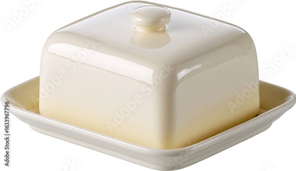 Obraz Cream-colored ceramic butter dish with lid.  Square shape, glossy finish