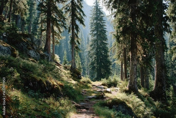 Fototapeta Sunlit mountain path through a dense forest