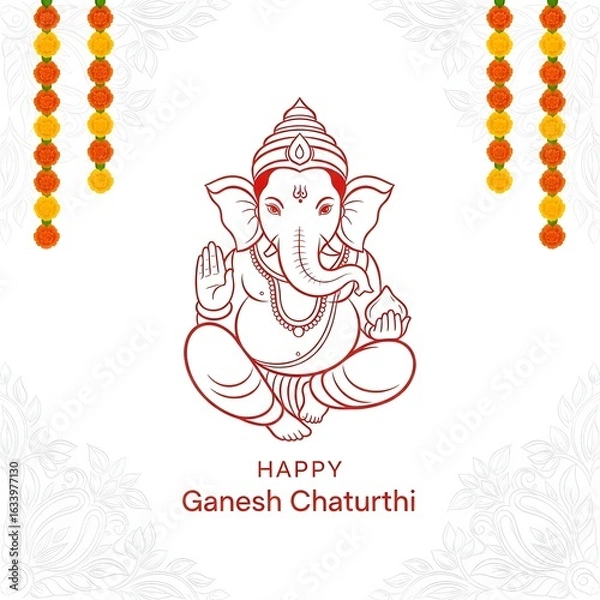 Fototapeta Red line art of ganesh chaturthi with flower garlands and white floral background pattern design element