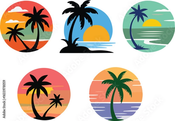 Fototapeta Set of t-shirt vector illustration bundle, tropical palm tree sunset design and beach vacation icons for summer travel design