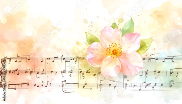 Fototapeta Gentle Bloom Resting on a Colorful Sheet of Music Background