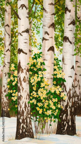 Fototapeta Golden Light Through Birch Trunks Surrounded by Blooms in Winter