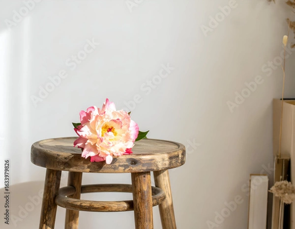 Fototapeta Blooming Flower on Rustic Pine Stool in Warm Corner Light