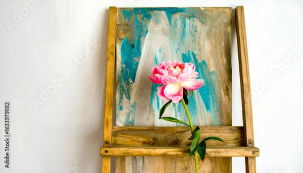 Fototapeta A Beautiful Flower Resting on a Wooden Coat Rack with Artistic Background