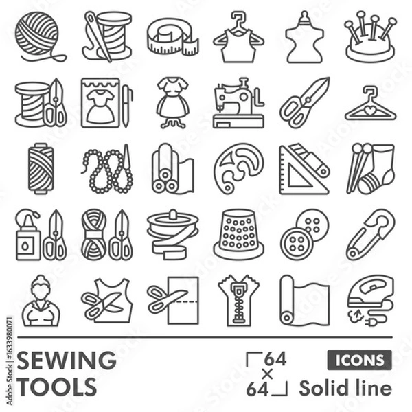 Fototapeta Sewing and knitting tools symbols collection or sketches, sewing theme in line style signs for web and app. Vector graphics isolated on white background.