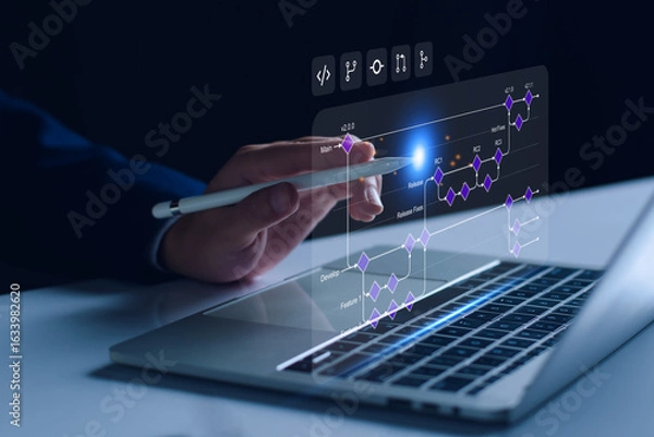 Obraz Businessman with Software development flowchart diagram showing branching, merging, pull request, commit, development, and release version process workflow. Distributed version control, Git flow