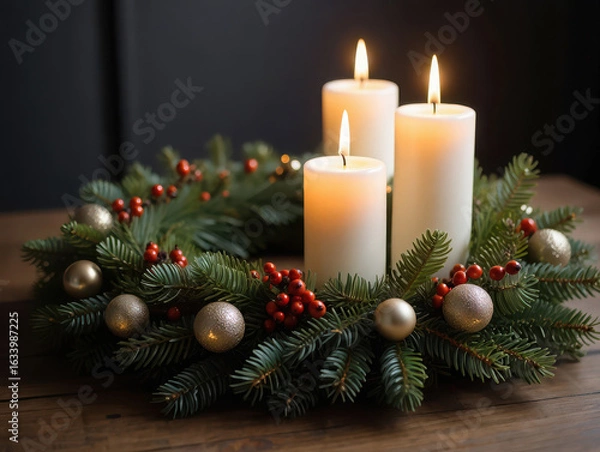 Fototapeta A festive christmas wreath adorned with glowing candles, red berries, and golden ornaments, set against a dark, moody background