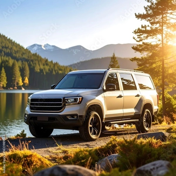 Obraz SUV by a lake in mountains