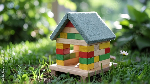 Fototapeta Adorable toy house built from colorful blocks in lush garden setting for youthful imagination and childhood fun