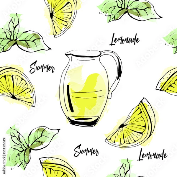 Fototapeta Seamless vector pattern of hand drawn lemonade, lemon and mint on watercolor background.