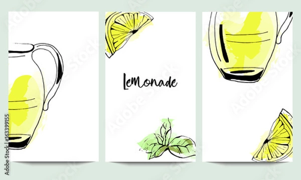 Fototapeta Hand drawn vector cooking cards set template with lemonade glass jar in yellow colors isolated on watercolor background.