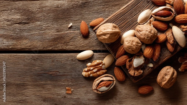 Obraz Almonds scattered on dark wooden table