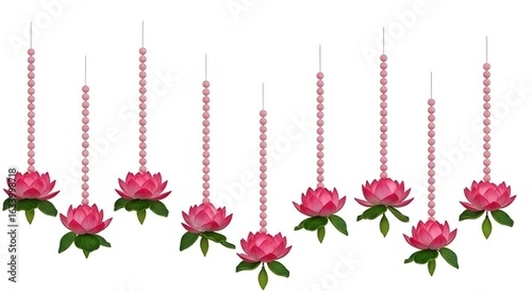 Fototapeta Hanging pink lotus flowers with green leaves and pink beaded strings on a white background display decor
