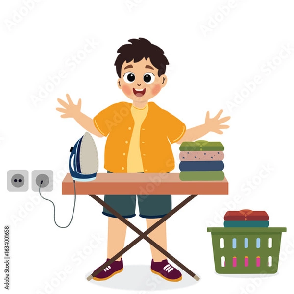 Obraz cute boy ironing clothes. cute little boy ironing clothes doing daily chores housework activity. Household routine cartoon character